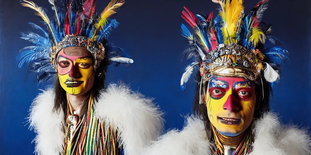 Image similar to ney matogrosso with paint on face, feathers, leather, lace, gold wings on head, tibetan skeleton dancer, painting by gottfried helnwein