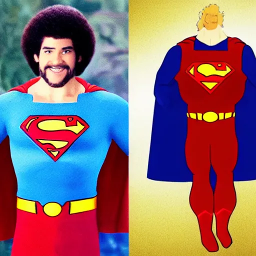 Prompt: bob ross dressed up as superman