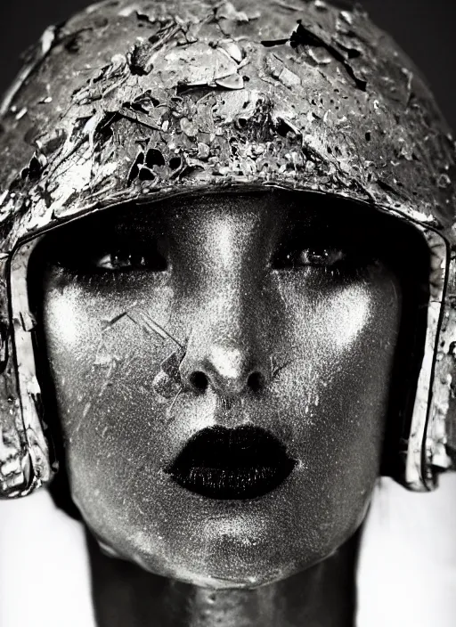 Prompt: beautiful extreme closeup portrait photo in style of frontiers in scratched! crumpled Helmet of Emperor Charles V the Wise, faint cool aluminum luster , narcotic beautiful stylishly elegant balenciaga Mature!! sexy glance , crying makeup, bite her lip , puffs of thick black smoke, lightning, UFO, science fashion magazine September retrofuturism edition, highly detailed, soft lighting, elegant , 85mm, Edward Hopper and James Gilleard, Zdzislaw Beksinski, Steven Outram