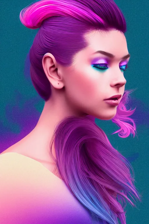 Prompt: a award winning half body porttrait of a beautiful woman in a croptop with ombre purple pink teal hairstyle with head in motion and hair flying, outrun, vaporware, shaded flat illustration, digital art, trending on artstation, highly detailed, fine detail, intricate