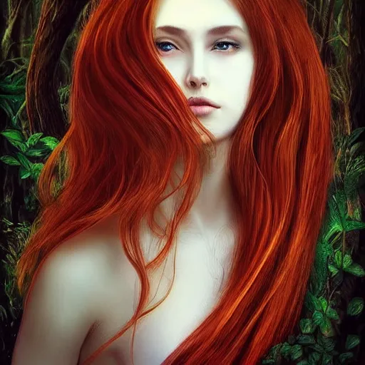 Prompt: “portrait of sensual fairy, redhair, long hair, magical forest, detailed face, artwork”