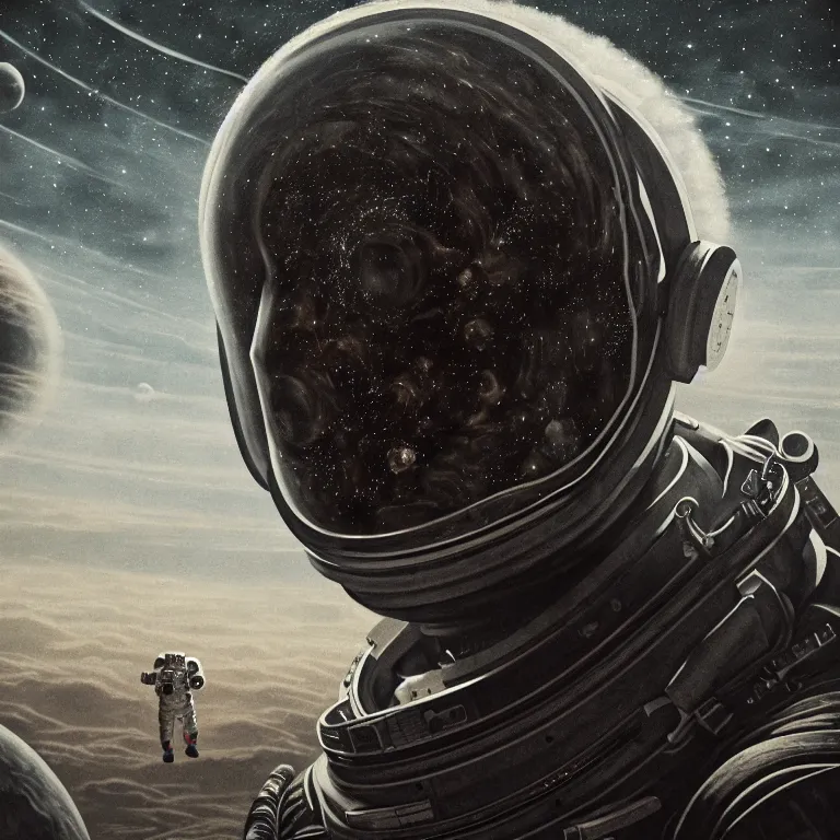 Prompt: ribbed abandoned astronaut face portrait in spacesuit on exoplanet, baroque portrait painting, standing in a desolate empty wasteland, creepy, nightmare, dream-like heavy atmosphere, surreal abandoned buildings, beautiful detailed intricate insanely detailed octane render trending on Artstation, 8K artistic photography, photorealistic, chiaroscuro, Raphael, Caravaggio, Beksinski, Giger