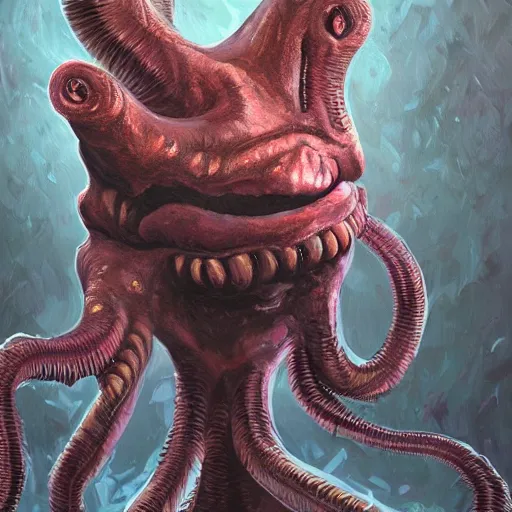 Image similar to oil painting of a horrifying eldritch abomination that just wants to be your friend, hypercute, sharp highlights, amazing textured brush strokes, accurate shape, cinematic soft volumetric studio lighting, 4k, VFX, HDR