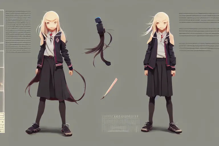 Image similar to character sheet of cute jk female high school student, blonde hair, by greg rutkowski and studio ghibli, digital art, trending on artstation, highly detailed, concept art, beautiful, masterpiece