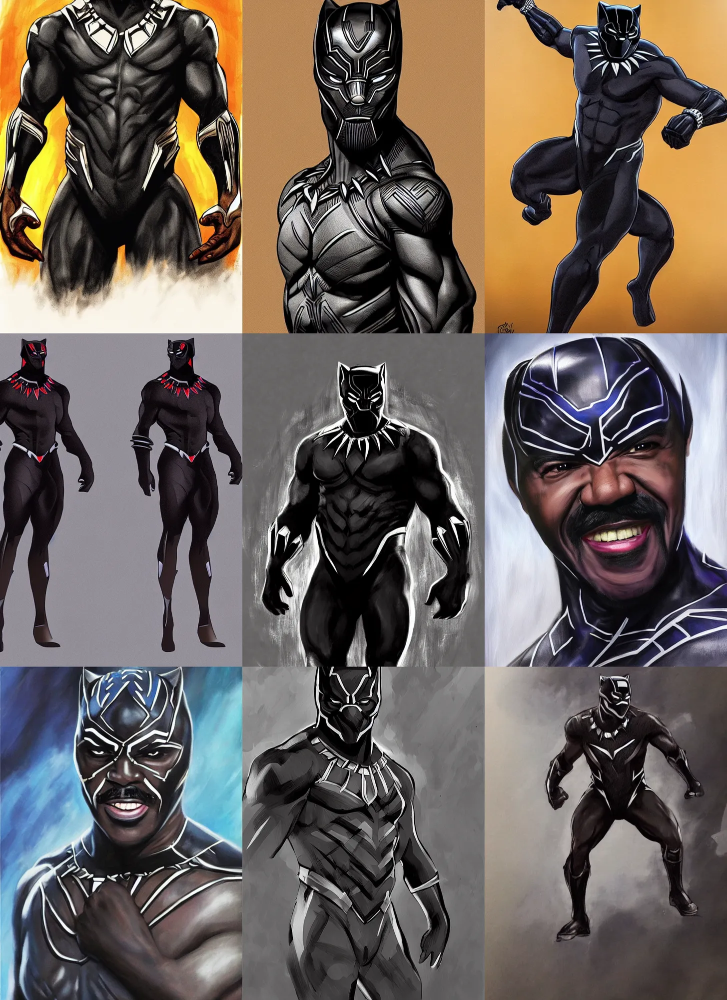 Prompt: steve harvey as black panther, no mask, concept art, detailed clothing, art station, oil painting