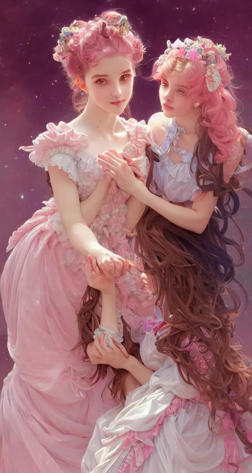 Prompt: portrait of two magical lolita girls, dreamy and ethereal, pink eyes, peaceful expression, ornate frilly dress, fantasy, intricate, elegant, rainbow bubbles, highly detailed, digital painting, artstation, concept art, smooth, sharp focus, illustration, art by artgerm and greg rutkowski and alphonse mucha