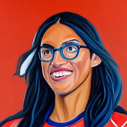 Prompt: a painting of Alexandria Ocasio-Cortez wearing a tennis outfit