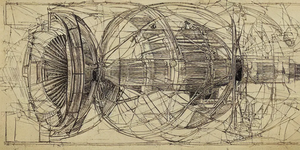 Image similar to leonardo da vinci color intricate full page scan blueprint of an environmental turbine machine, on paper, black ball pen style, :: ultra-detailed technical precision :: mixed media with white and silver lines, realistic composition, point of interest at golden ratio, light from right, more darkness on the bottom, monumentally art composition, high quality of sketching with subtle hairlines, highly detailed rounded forms, inside out and outside in, octane render
