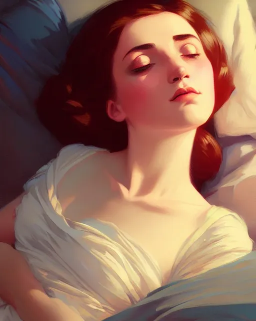 Prompt: stylized portrait by aykutmakut of an artistic pose, composition, young victorian sleeping fancy lady in bed, cinematic moody colors, realistic shaded, fine details, realistic shaded lighting poster by ilya kuvshinov, magali villeneuve, artgerm, jeremy lipkin and michael garmash and rob rey