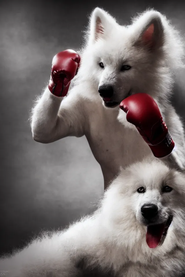 Image similar to samoyed dog head on a human body as a muay thai kickboxer, gloves on hands, cinematic lighting, film still