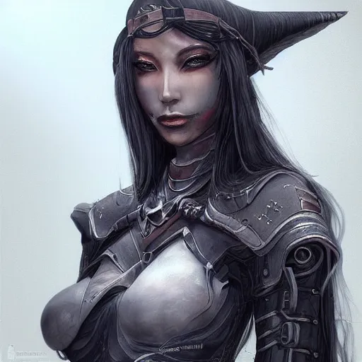 Image similar to portrait of a female dark elf by ayami kojima, she is about 2 0 years old, american, black hair, introvert, she is wearing a modern witch tactical gear, scifi, highly detailed portrait, digital painting, artstation, concept art, smooth, sharp foccus ilustration, artstation hq