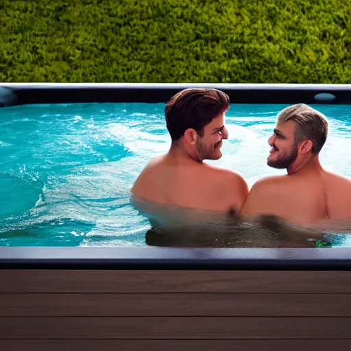 Image similar to two bros chilling in a hot tub 5 feet apart because they ’ re not gay, trending on artstation, award winning photography