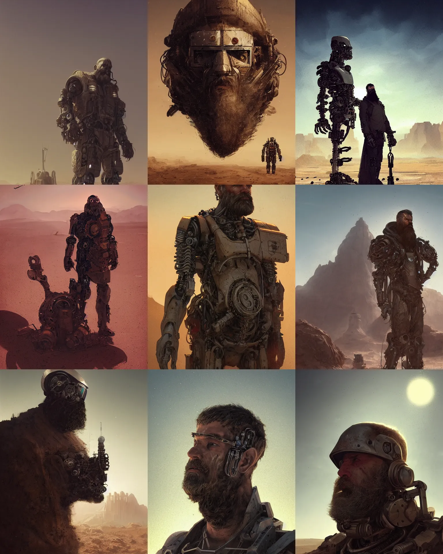 Prompt: a bearded cloaked rugged engineer man with cybernetic enhancementslost in the desert, scifi character art by greg rutkowski, esuthio, craig mullins, fullbody portrait, cinematic lighting, dystopian scifi gear, gloomy, profile picture, mechanical, half robot, implants, steampunk