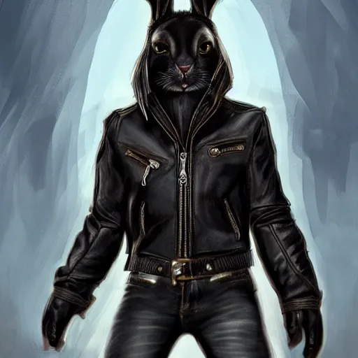 Prompt: A bunny with a small head wearing a fine intricate leather jacket and leather jeans and leather gloves, trending on FurAffinity, energetic, dynamic, digital art, highly detailed, FurAffinity, high quality, digital fantasy art, FurAffinity, favorite, character art