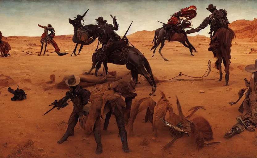 Image similar to a cowboy shootout on mars by edgar maxence and caravaggio and michael whelan and delacroix style, artistic, intricate painting, cinematic lighting, hyper realistic, extremely detailed, establishing shot, 8 k resolution, dramatic lighting