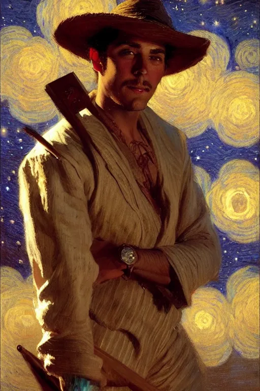 Image similar to attractive male playing pinao, starry night, painting by gaston bussiere, craig mullins, j. c. leyendecker