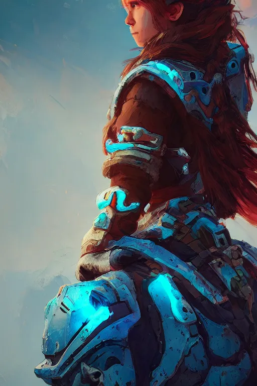 Image similar to combination suit armor aloy horizon forbidden west horizon zero dawn radiating a glowing aura global illumination ray tracing hdr fanart arstation by ian pesty and alena aenami artworks in 4 k tribal robot ninja mask helmet backpack