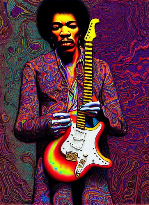 Prompt: hyper detailed 3d render like a Oil painting - Jimi Hendrix aerochrome and milky Fruit holding a left-handed white stratocaster guitar in his left hand, iridescent paisley patterns by Jacek Yerka, Ilya Kuvshinov, Mariusz Lewandowski, Houdini algorithmic generative render, Abstract brush strokes, Masterpiece, Edward Hopper and James Gilleard, Zdzislaw Beksinski, Mark Ryden, Wolfgang Lettl, hints of Yayoi Kasuma, octane render, 8k