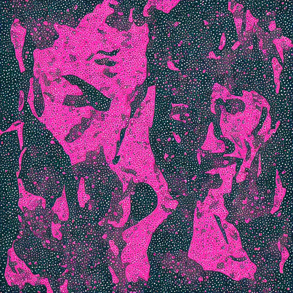 Image similar to camo made of out teeth, smiling, abstract, maya bloch artwork, pink convertible, do hoang tuong artwork, cryptic, dots, stipple, lines, splotch, color tearing, pitch bending, faceless people, dark, ominous, eerie, minimal, points, technical, old painting