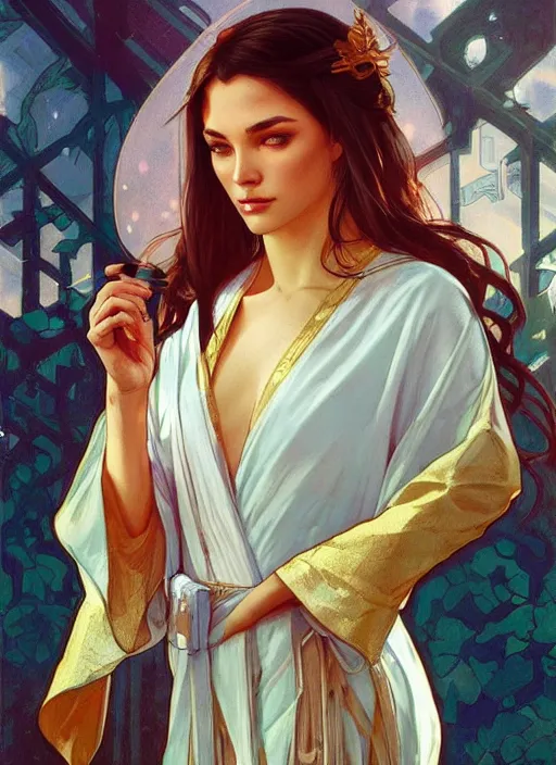 Prompt: michia wearing a silk robe, digital painting, artstation, concept art, sharp focus, illustration, art by artgerm and greg rutkowski and alphonse mucha