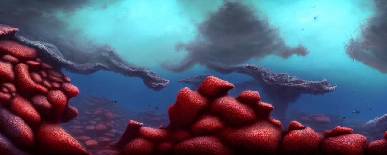 Image similar to A gorgeous detailed oil of a dark red sea covered in big blue steep rocks, a school of piranhas underwater, the further away the mistier it gets, surreal, concept art, dark aesthetic, atmospheric, moody, hyperrealism, highly detailed, masterpiece, award winning, 4k, unreal engine