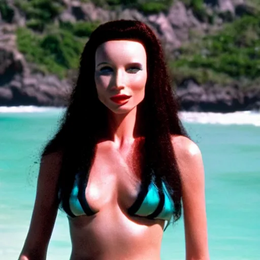 Image similar to a portrait of an sttng star trek klingon woman on holiday at risa, swimsuit, supermodel, model, star trek, photography, instagram, holiday, beach, the next generation, sttng, high quality, sharp, cait miers, michael hoppen, qapla