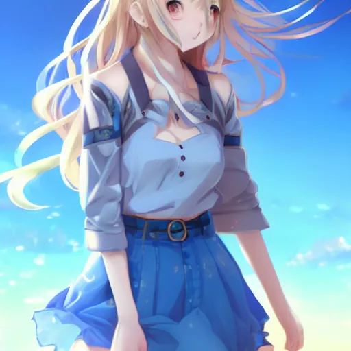 Image similar to a very beautiful anime cute girl, full body, long wavy blond hair, sky blue eyes, full round face, short smile, fancy top, miniskirt, front view, medium shot, mid-shot, highly detailed, cinematic wallpaper by Stanley Artgerm Lau