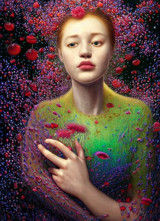 Prompt: hyper detailed 3d render like a Oil painting - Aurora (Singer) Eats of the Strangling Fruit and Her delicate Hands full of gossamer polyp blossoms bring iridescent translucent fungal flowers whose spores black the foolish stars by Jacek Yerka, Mariusz Lewandowski, Houdini algorithmic generative render, Abstract brush strokes, Masterpiece, Edward Hopper and James Gilleard, Zdzislaw Beksinski, Mark Ryden, Wolfgang Lettl, hints of Yayoi Kasuma, octane render, 8k