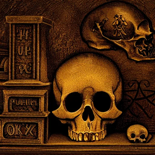 Image similar to a dark ominous chiaroscuro baroque still life photo of a single ray of light shining on a floating golden skull completely engraved in ancient runic inscriptions, messages, prophecies, spells by billelis. ominous darkness background. weirdcore