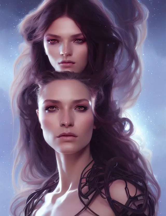 Image similar to futuristic woman portrait, sci-fi, amber eyes, face, long hair, fantasy, intricate, elegant, highly detailed, digital painting, artstation, concept art, smooth, sharp focus, illustration, art by artgerm and greg rutkowski and alphonse mucha