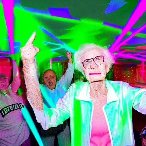 Image similar to nursing home retirement rave party with neon lights & lasers, highly detailed, 8k