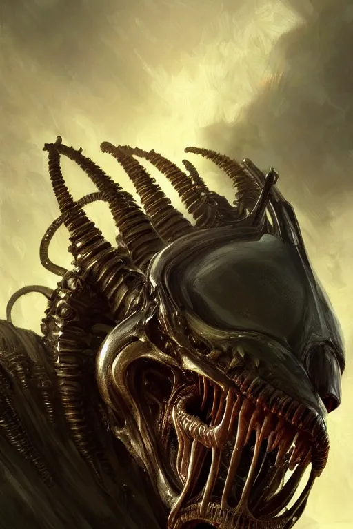 Prompt: xenomorph king close - up portrait, crown of bones, intricate, elegant, volumetric lighting, scenery, digital painting, highly detailed, artstation, sharp focus, illustration, concept art, gaston bussiere, ruan jia, steve mccurry