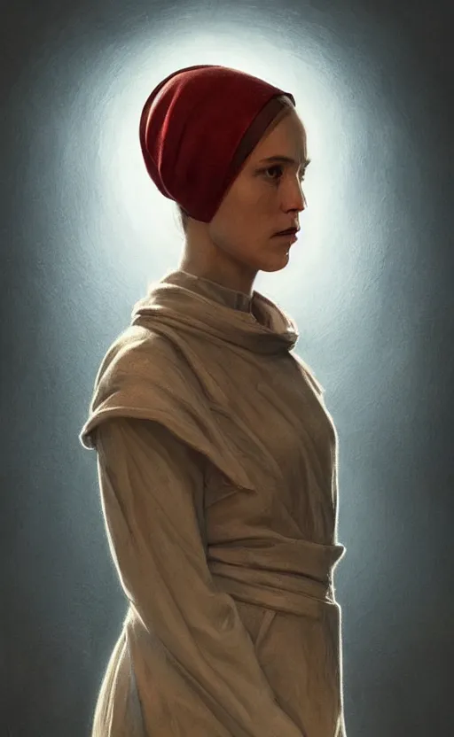 Image similar to portrait of a dystopian woman wearing an outfit inspired by the handmaid ’ s tale ( 2 0 1 7 ), intricate, headshot, highly detailed, digital painting, artstation, concept art, sharp focus, cinematic lighting, digital painting, art by artgerm and greg rutkowski, alphonse mucha, cgsociety