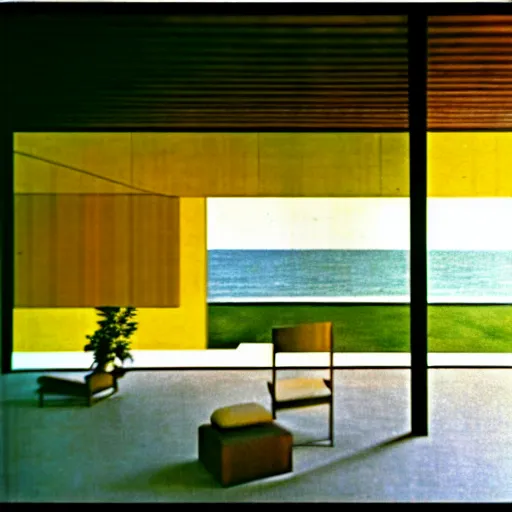 Prompt: architecture ad for a mid-century modern house by the beach, designed by Mies Van Der Rohe. Film grain, cinematic, colorized, yellow hue