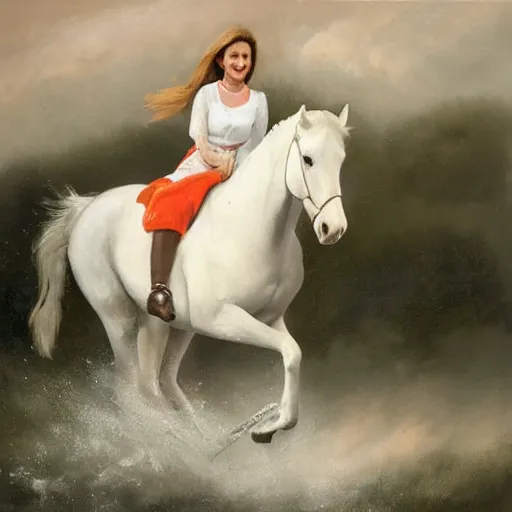 Prompt: young nancy pelosi riding a white horse through a very heavy rain, painting