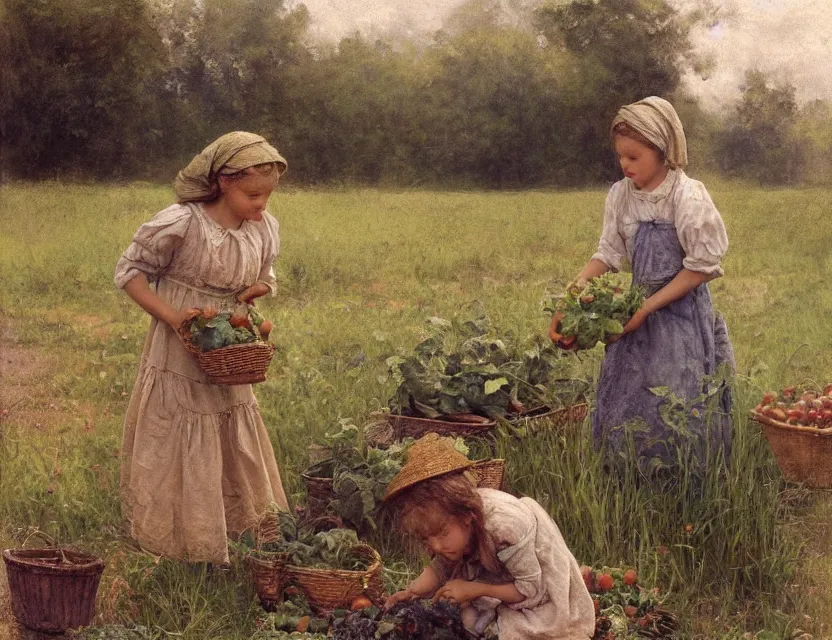 Image similar to 3 peasant girl picking vegetables from garden, cottage core, cinematic focus, polaroid photo bleached vintage pastel colors high - key lighting, soft lights, foggy, by steve hanks, by lisa yuskavage, by serov valentin, by tarkovsky, 8 k render, detailed, oil on canvas