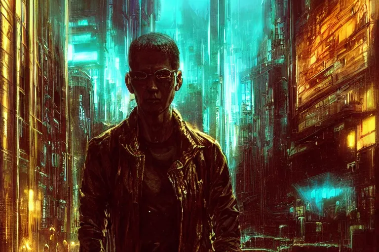 Image similar to A neuromancer very highly detailed digital artist with very highly detailed face on the street of a very highly detailed neuromancer sci-fi city digital rational painting art by Greg Rutkowski, sci-fi highly detailed, digital concept art, Dimensional cyan gold natural light, sharp focus, Golden Ratio illustration, realistic concept art by Stephen Hickman and James Gurney and Hiromasa Ogura Ghost in the Shell rendered in Octane Render, From the distance