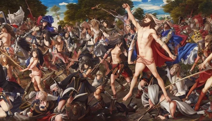 Image similar to jesus christ our lord leading an army of anime girls into battle, photorealistic, anime, mini skirt, long hair, renaissance painting, hyper real, detailed, wide angle shot, ultra detailed