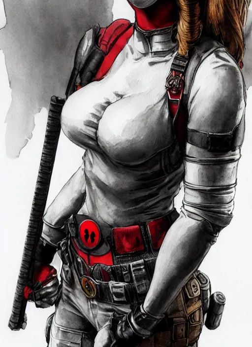 Image similar to portrait, Attractive Female Deadpool, watercolor, dramatic lighting, cinematic, establishing shot, extremly high detail, foto realistic, cinematic lighting, pen and ink, intricate line drawings, by Yoshitaka Amano, Ruan Jia, Kentaro Miura, Artgerm, post processed, concept art, artstation, matte painting, style by eddie mendoza, raphael lacoste, alex ross