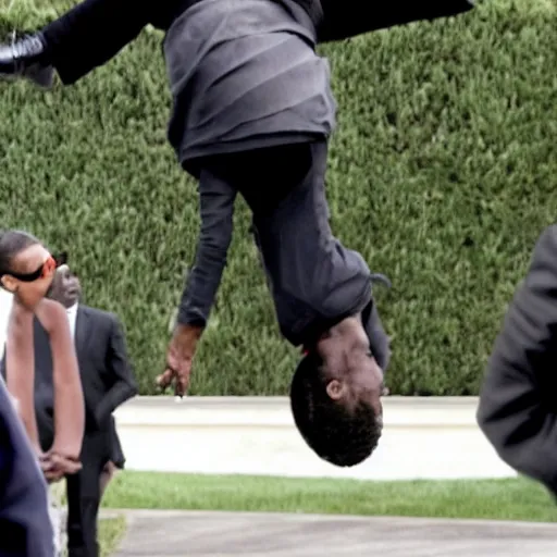 Prompt: Kanye West does a backflip on the White House while Barack Obama is watching
