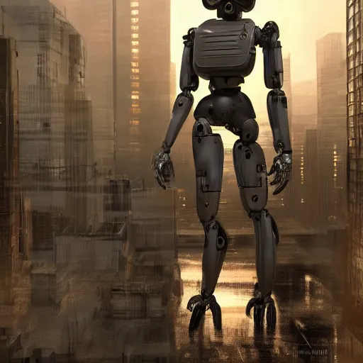 Image similar to Humanoid robot in a futuristic dystopian city, realistic, detailed, trending on artstation, night