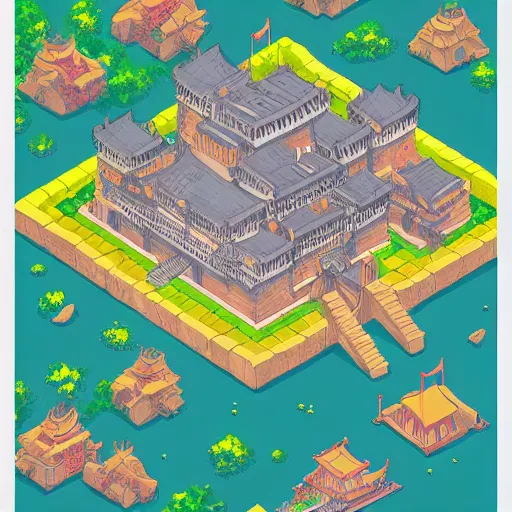 Image similar to ! dream isometric view of a japanese fortress castle, dynasty, fanciful, colorful, illustration, artstation award, geometrical, isometric