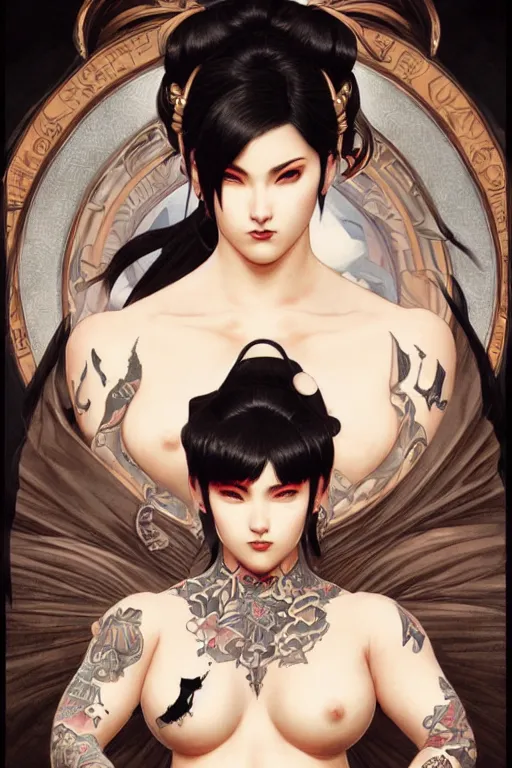 Prompt: portrait of goth Chun Li with yakuza tattoos, Street fighter, intricate, elegant, highly detailed, digital painting, artstation, concept art, smooth, sharp focus, illustration, art by artgerm and greg rutkowski and alphonse mucha and william-adolphe bouguereau