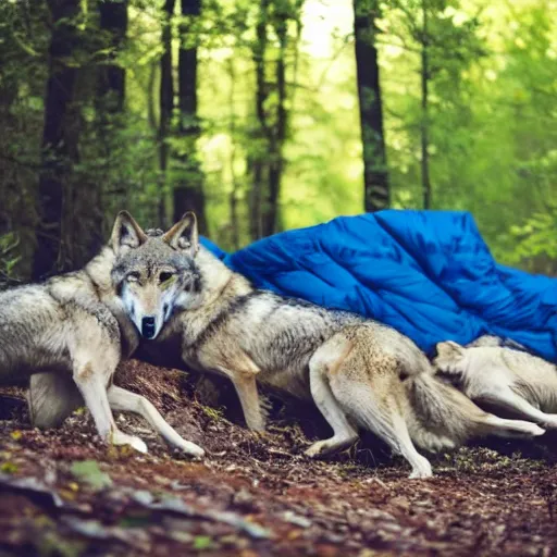 Prompt: a pack of wolves in a forest surrounding a sleeping bag