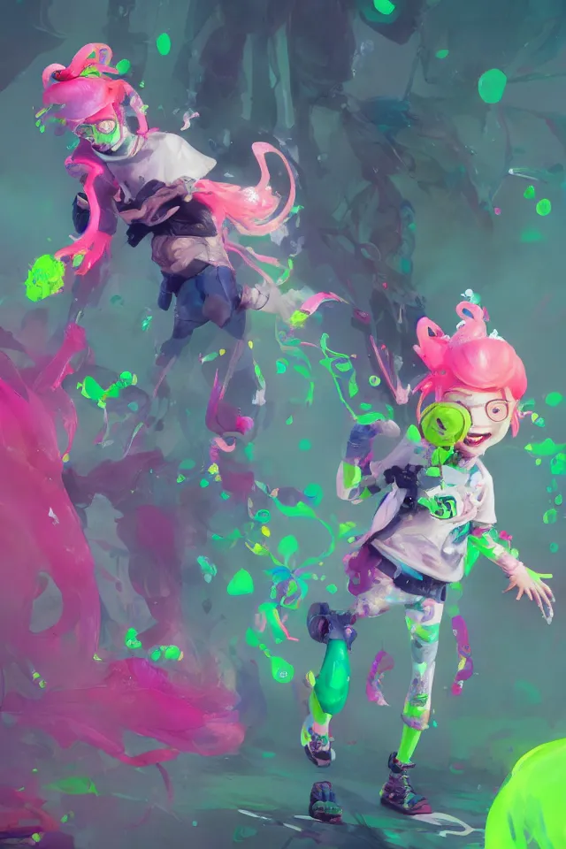 Prompt: a beautiful fullbody portrait of a cute happy splatoon boy with pink hair and green eyes wearing sports clothing tight leggings. character design by cory loftis, fenghua zhong, ryohei hase, ismail inceoglu and ruan jia. artstation, volumetric light, detailed, photorealistic, fantasy, rendered in octane