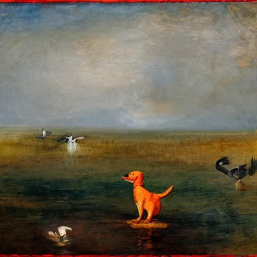 Image similar to A red dog sitting in the middle with red squares floating. Ducks flying in the background. in the art style of William Turner. Dramatic, high resolution.