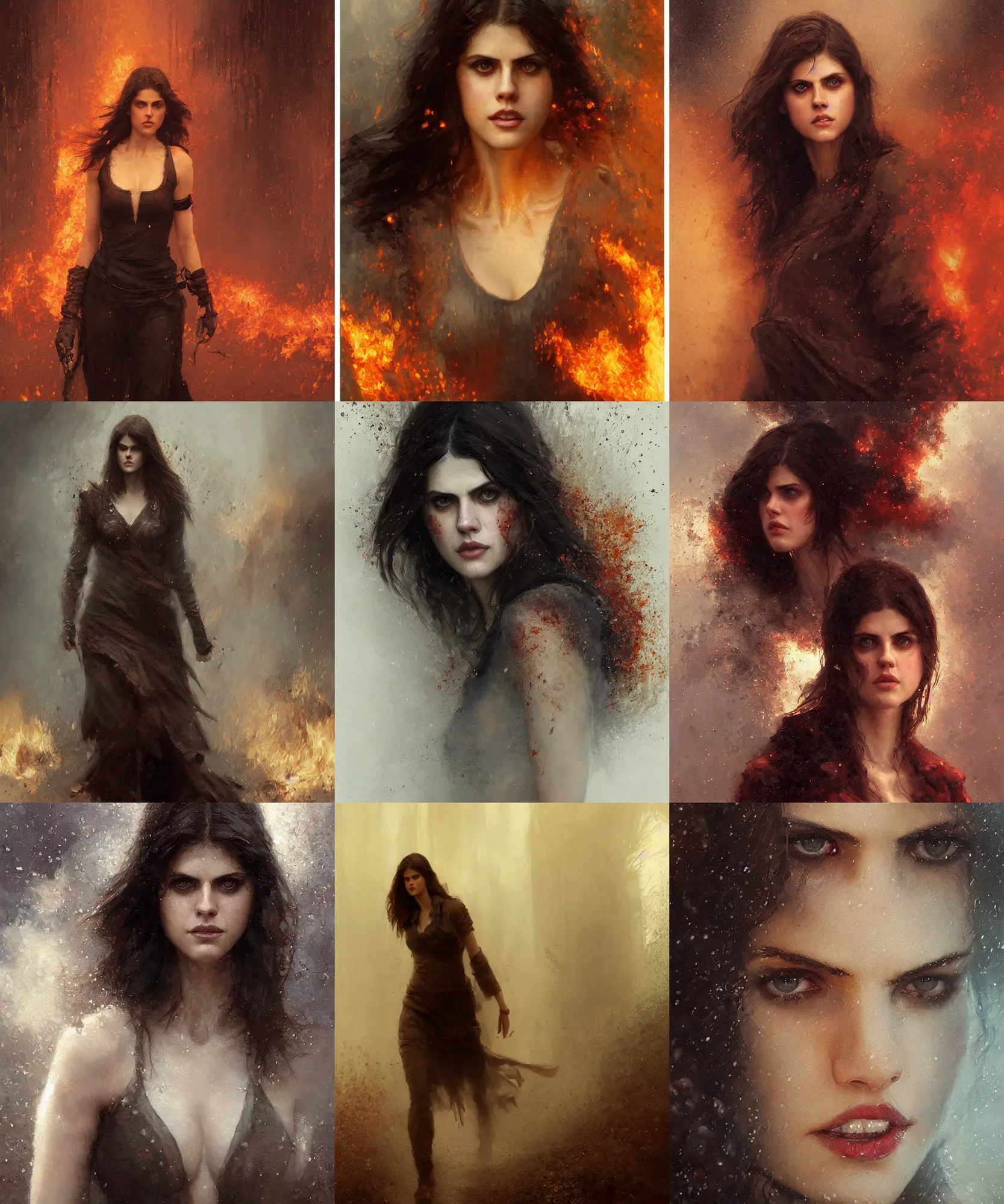 Prompt: digital art painting of alexandra daddario walking through the wild fire, smoke and rain of ashes dnd portrait painted by craig mullins and gaston bussiere and greg rutkowski, symmetrical face, defined facial features, symmetrical facial features, dramatic lighting, close up