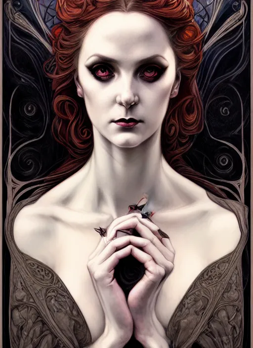 Image similar to an art nouveau, dark witch portrait in the style of charlie bowater, and in the style of donato giancola, and in the style of charles dulac. very large, clear, expressive, intelligent eyes. symmetrical, centered, ultrasharp focus, dramatic lighting, photorealistic digital painting, intricate ultra detailed background.