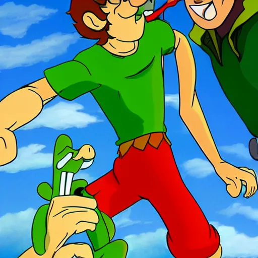 Image similar to shaggy rogers fighting ( ( ( mario ) ) )