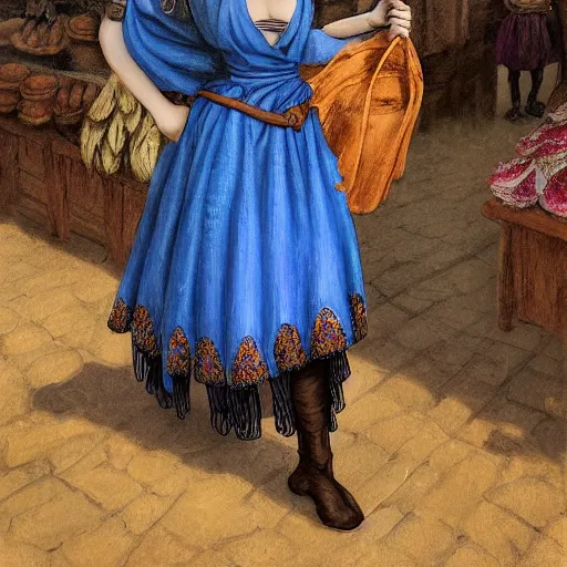 Prompt: A beautiful young woman, long black braided hair, light skin color and blue eyes in a simple but beautiful blue medieval dress with a brown flower embroided cape and a shoulder bag, looking at various goods at a market, she is a healer and a serious person, by Johannes Vemeer and Frank Frazetta, amazing details, mtg, digital painting, concept art